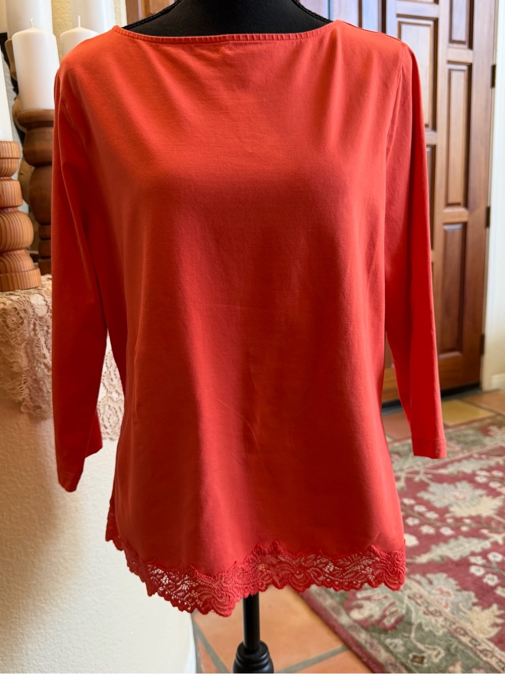 Coldwater Creek Coral Lace-Hem Boatneck Long Sleeve Top